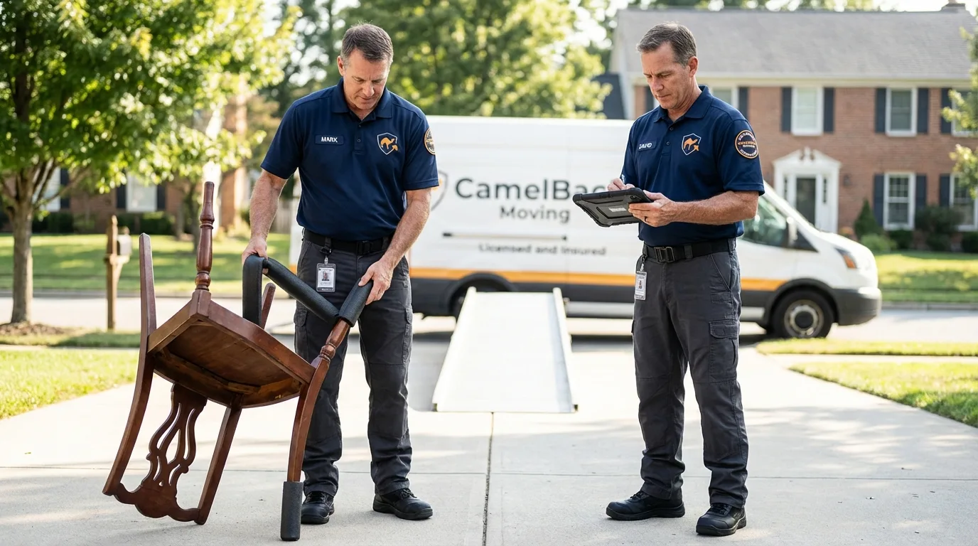 Movers inspecting furniture for damage prevention before loading in Sumiton, AL