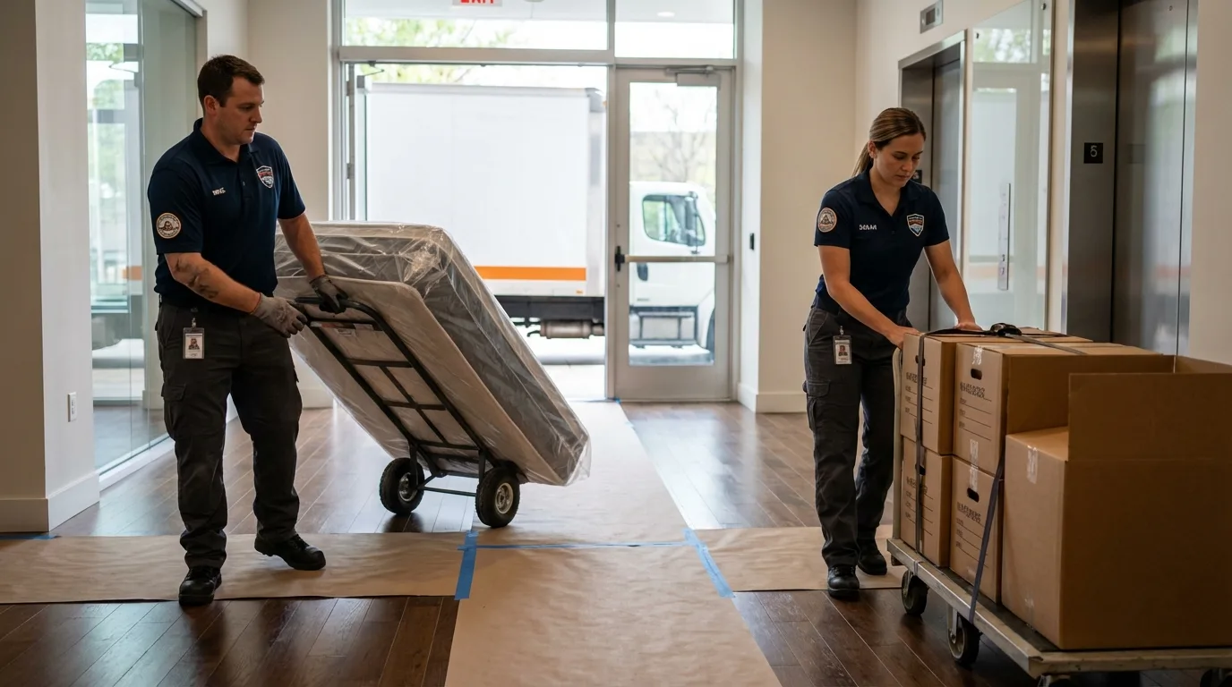 Professional apartment movers loading elevator in Sumiton, AL